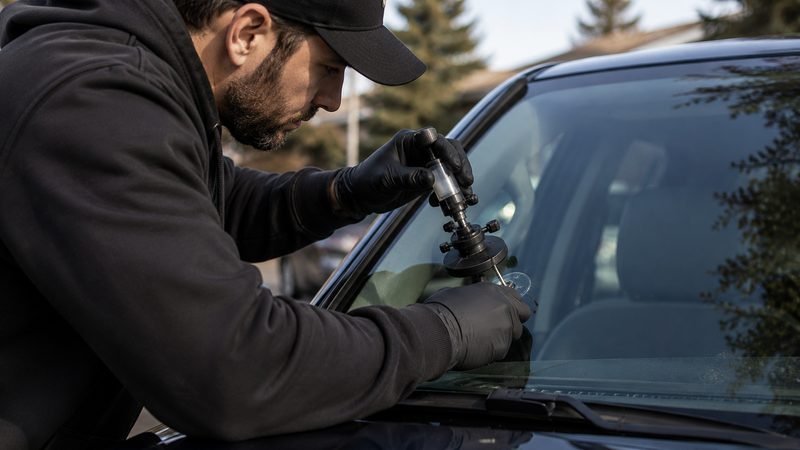 Rock chip repair on a windshield with the resin injector in place, Calgary